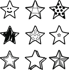 Set of 9 different hand drawn stars, rough handmade, black doodles isolated on white background EPS Vector 