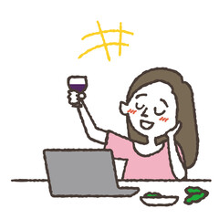 オンライン飲み会をしている若い女性のイラスト