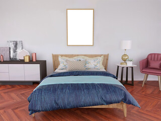 Blank photo frame mockup in the bedroom