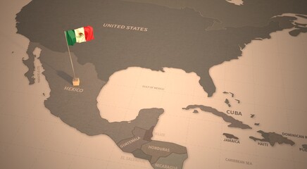 Flag on the map of mexico.
Vintage Map and Flag of North America Countries Series 3D Rendering