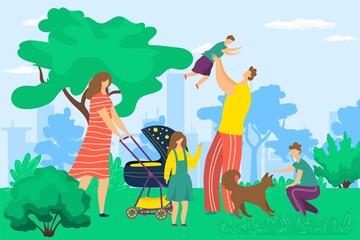 Obraz na płótnie Canvas Happy family with kids walking outdoor in city park, having fun together, playing with children and dog cartoon vector illustration. Family father mother, son and daughter together in park.