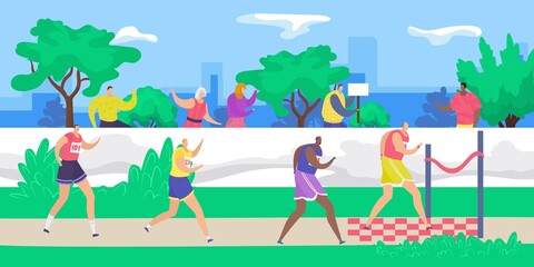 Fototapeta na wymiar Marathon, jogging runners at finish line, sport running group concept flat vector illustration. People athletes run at speed maraphon race, healthy lifestyle, sprint competition.