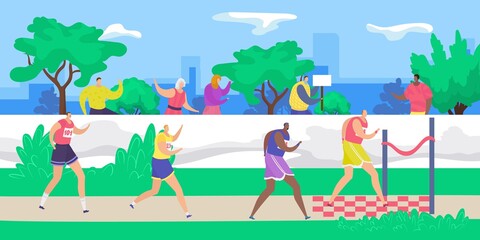 Marathon, jogging runners at finish line, sport running group concept flat vector illustration. People athletes run at speed maraphon race, healthy lifestyle, sprint competition.