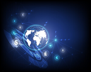 Fototapeta na wymiar Network currency exchange technology in blue background