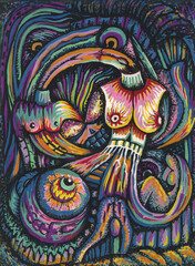 Art surreal human and skull. Hand painting on paper.