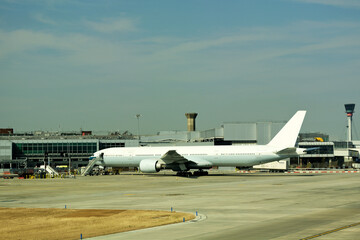 Fototapeta na wymiar Close-up of large passenger aircraft on runway in airport