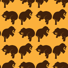 seamless pattern of dancing elephants silhouette brown on orange background. Vector image