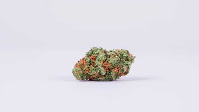 Close up of rotating medical marijuana bud on white background shot in 4k super slow motion
