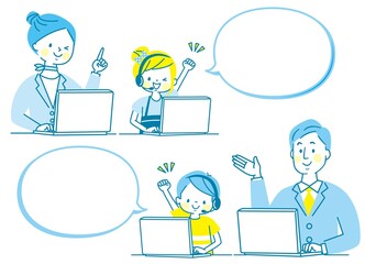 笑顔の親子とパソコン