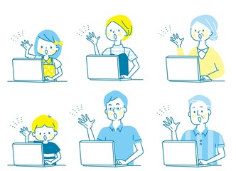 パソコンと驚く家族の表情セット