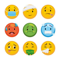 Emoticon Set to Express Sickness and Uncomfortable Situations, Vector Illustration