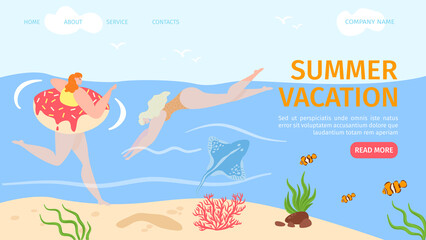 Summer vacation landing page, sea swimming, travel, outdoor activity and rest on beach, vector illustration. Woman swim, dive in ocean, enjoy summer vacation on tropical beach, summertime web page.