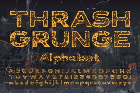 Thrash Grunge Industrial Alphabet; Heavily Scratched and Worn Paint Effects on Extended Sans Serif Lettering.