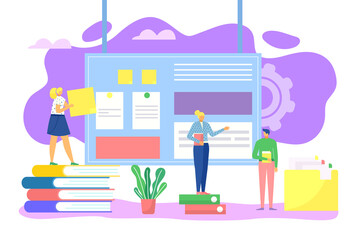 Work proccess, business technology concept vector illustration, working place. Success in job office, workers with books and timetable, corporate professional project. Multitask app.