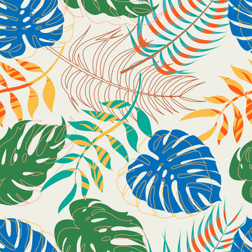 Tropical leaves, jungle leaves seamless floral pattern background	
