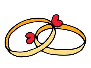 Two rings with hearts.  Valentine's Day.  Doodle style.  Drawn with an outline and filled with color.  Vector.