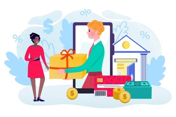 Cashback or money refund business finance concept for credit card, vector illustration. Smartphone, debit card, purchases and cash back money with gift payment to happy person, cashback transaction.