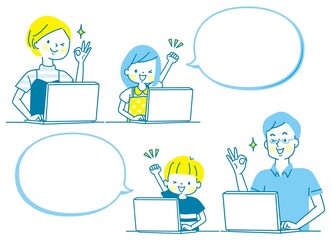 笑顔の親子とパソコン