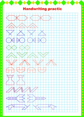 Handwritten practice sheet. Educational children's game, printed sheet for children. Drawing and coloring patterns from a sample