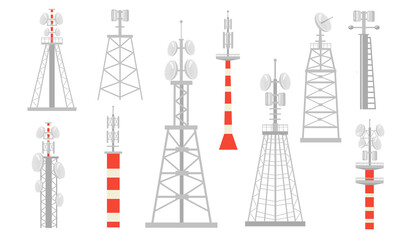 Various radio towers flat icon set. Wireless satellite towered wave transmitters for broadcast isolated vector illustration collection. Telecommunication and signal transmission concept