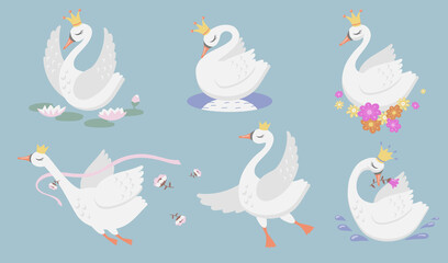 Cute princess swan flat icon set. Cartoon beautiful swan or goose in gold crown and floral graphic isolated vector illustration collection. Bird, fantasy and fairytale creature concept © SurfupVector