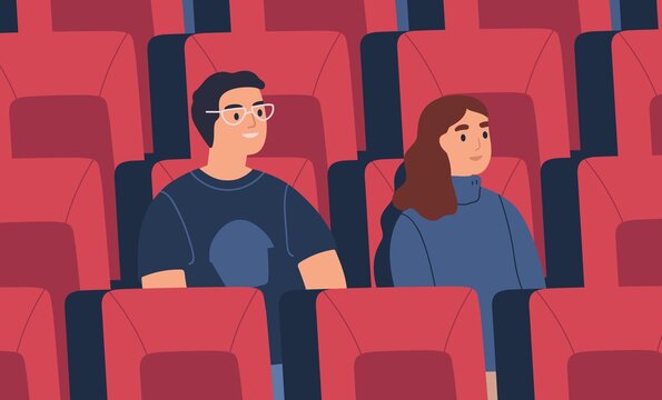 Young spectator couple, friends watch film at empty cinema auditorium, hall. Man and woman spend time together at movie theatre. Romantic date scene. People portrait. Flat vector cartoon illustration