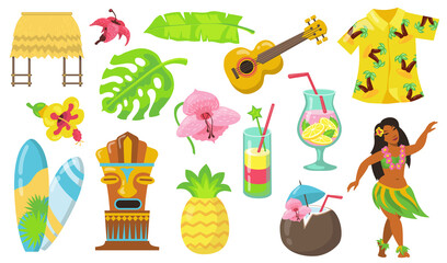 Various Hawaii symbols flat icon set. Hawaiian totem, tribal mask, guitar, girl and bungalow isolated vector illustration collection. Culture and travel concept © SurfupVector
