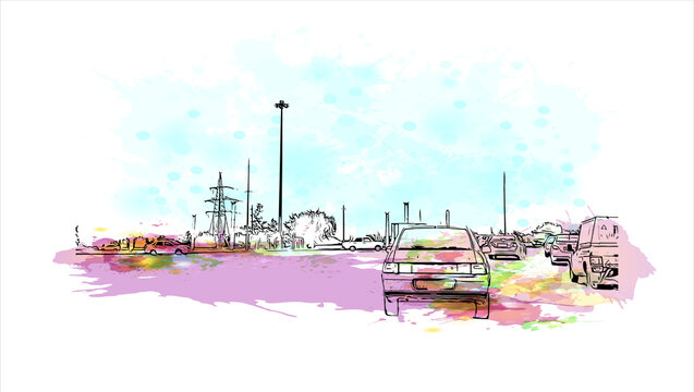 Building view with landmark of Aktobe is a city on the Ilek River in Kazakhstan. Watercolor splash with  hand drawn sketch illustration in vector.