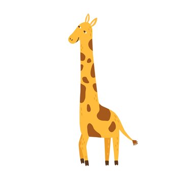 Childish cub zoo animal portrait. Cute, funny, African giraffe. Scandinavian character for nursery. Design element for t shirt print. Flat vector cartoon illustration isolated on white background