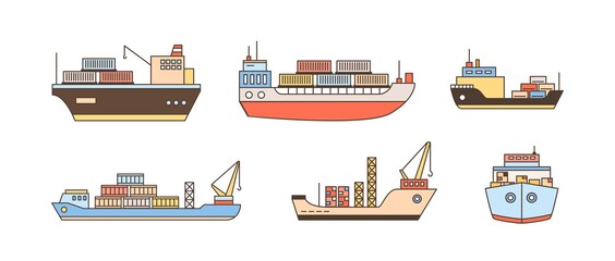 Set of modern cargo ship icons with loading crane, containers. Commercial trade goods shipment, shipping logistics, transportation, delivery. Line art vector illustration isolated on white background © Good Studio