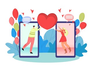 Online dating love app vector illustration. Man and woman on smartphones. Acquaintance through the social network. Internet technology for dating online, chat, communication and romance.