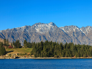 Remarkables mountain and Lake Wakatipu, Queenstown, New Zealand.