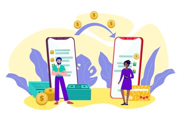 Online money trasfer, mobile transaction, internet payment, cash dollars and coins online banking vector illustration. Money transfer from smartphone app from man to woman tiny people.