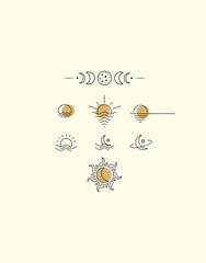 Linear icons with sun and moon, sea and stars. Small logos and icons for womens business. Logo for a beauty salon or cosmetics store.