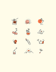 Linear icons with sun and moon, sea and stars, flowers, various cute little things. Small delicate logos and icons for womens business.
