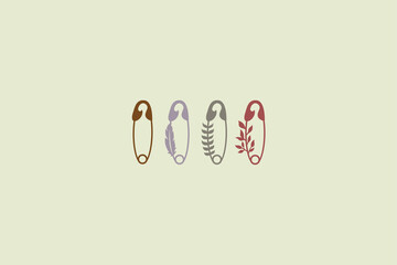 Vector illustration of beautiful sewing pins. Logo for a seamstress. Pins decorated with plants, flowers, leaves, feathers. Delicate original icons.