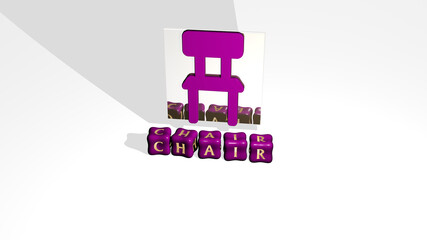 3D graphical image of CHAIR vertically along with text built by metallic cubic letters from the top perspective, excellent for the concept presentation and slideshows. illustration and background