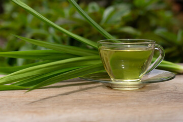 glass of pandan tea on wood table. Natural herbal plant, fragrant screw pine and healthy drinks concept.