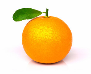 Closeup fresh organic orange fruit with green leaf isolated on white background with clipping path.