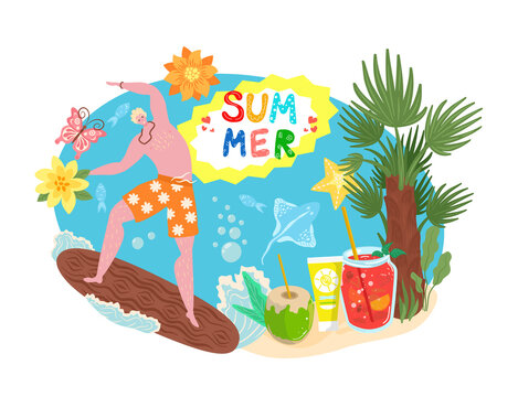Summer time concept, tropical vacation, travel, sand beach season and surfing flat vector illustration. Surfer and palm with coctails for summer holiday on sea shore, ocean tourism, summertime.