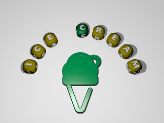 3D illustration of ICE CREAM graphics and text around the icon made by metallic dice letters for the related meanings of the concept and presentations. background and cold