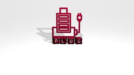 3D illustration of plug graphics and text made by metallic dice letters for the related meanings of the concept and presentations. electric and cable
