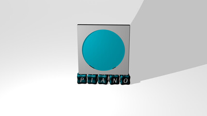 3D illustration of piano graphics and text made by metallic dice letters for the related meanings of the concept and presentations. music and background