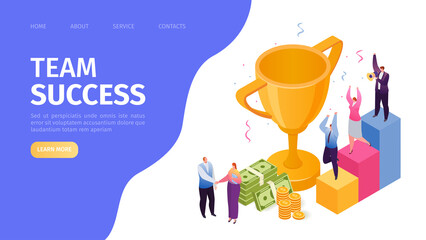 Team success business landing page vector illustration, successful teamwork, businessmen together build word team-work, construction business project. People with winning cup, achievement.