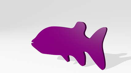 fish made by 3D illustration of a shiny metallic sculpture on a wall with light background. animal and food