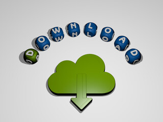 3D illustration of DOWNLOAD graphics and text around the icon made by metallic dice letters for the related meanings of the concept and presentations. design and background