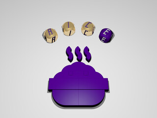 3D representation of RICE with icon on the wall and text arranged by metallic cubic letters on a mirror floor for concept meaning and slideshow presentation. background and food