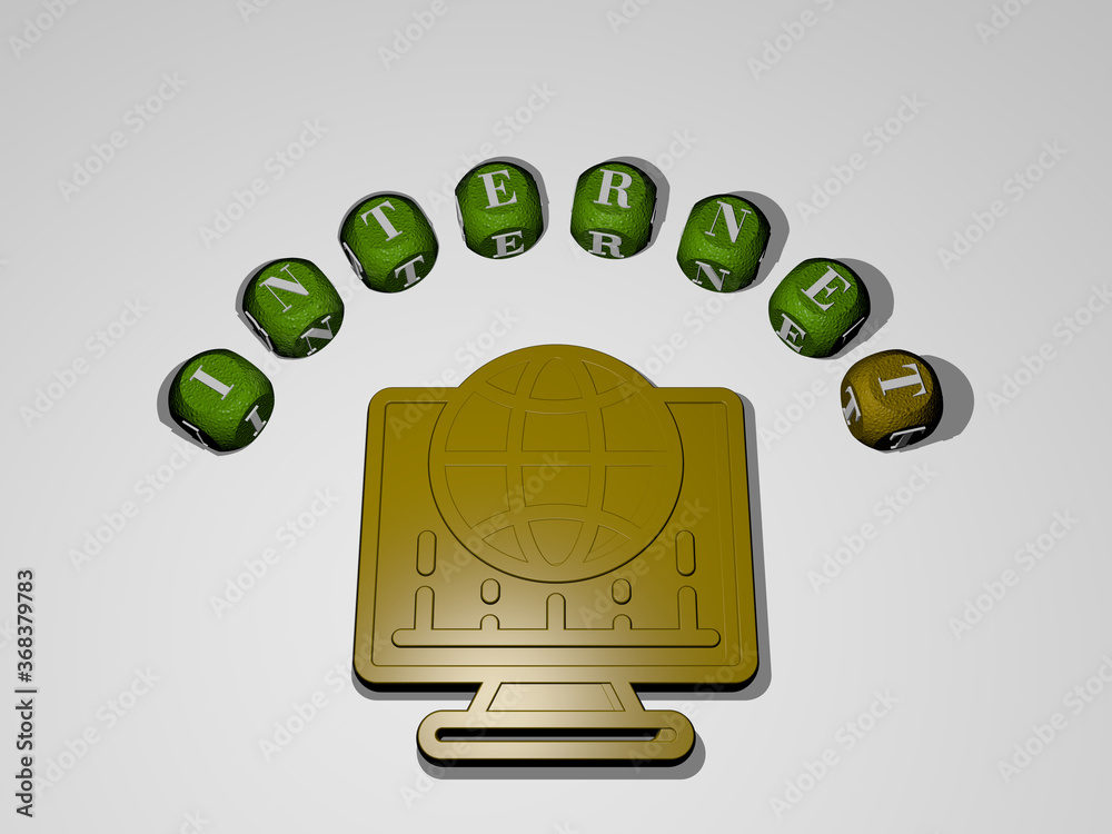 Fototapete 3d illustration of internet graphics and text around the icon made by metallic dice letters for the 