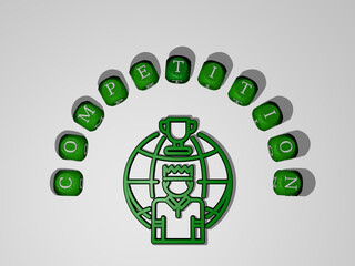 3D representation of competition with icon on the wall and text arranged by metallic cubic letters on a mirror floor for concept meaning and slideshow presentation. illustration and background