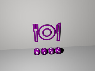 3D graphical image of DIET vertically along with text built by metallic cubic letters from the top perspective, excellent for the concept presentation and slideshows. background and food
